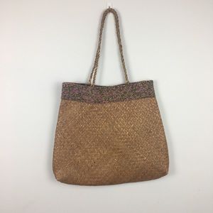 TLC Purple Green Glass Beaded Stained Straw Market Tote Bag Lined